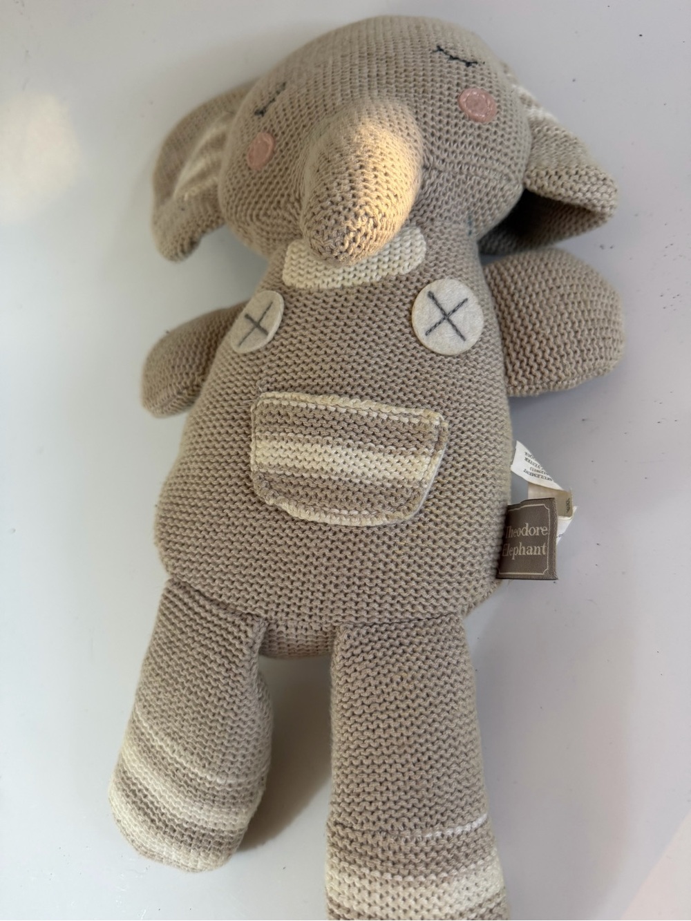 Hand Knit Beige Theodore Elephant Rattle Plush Toy